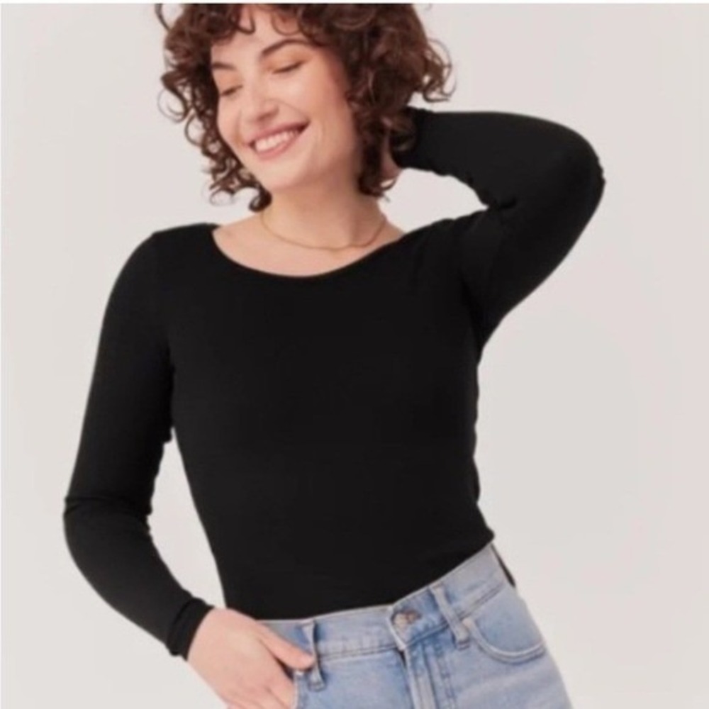 Pact Women's‎ Top XL Long Sleeve Ribbed Cropped Black Organic Cotton Shirt